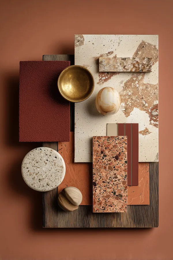 Muestrario terracota con terrazo, latón y piedras